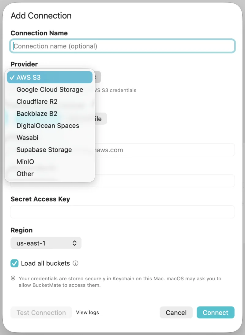 BucketMate Add Connection dialog with the provider list open, including MinIO and Other for custom S3-compatible endpoints