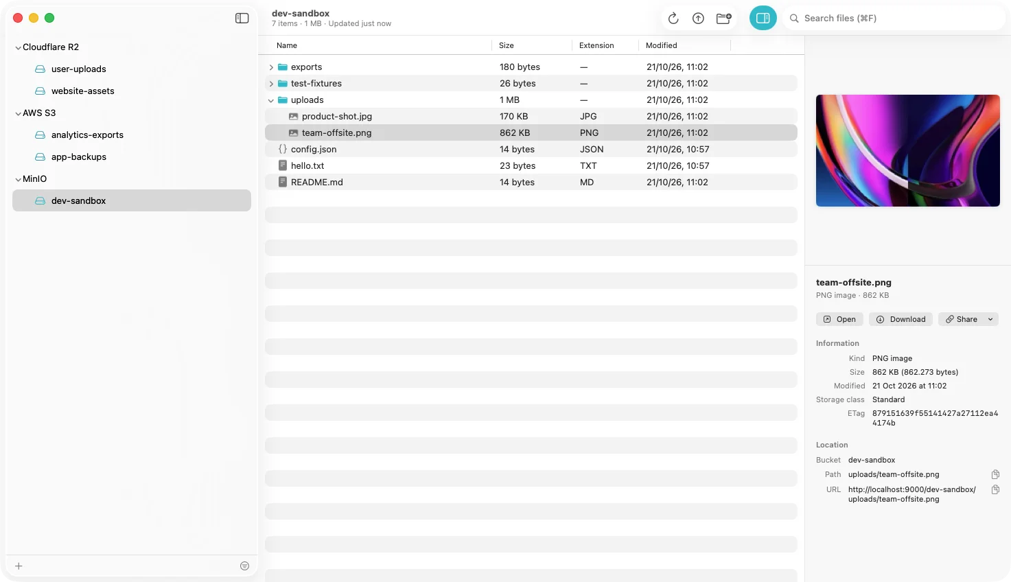 BucketMate on macOS with a local MinIO dev-sandbox bucket open, an uploads folder expanded and an image preview, next to Cloudflare R2 and AWS S3 connections in the sidebar